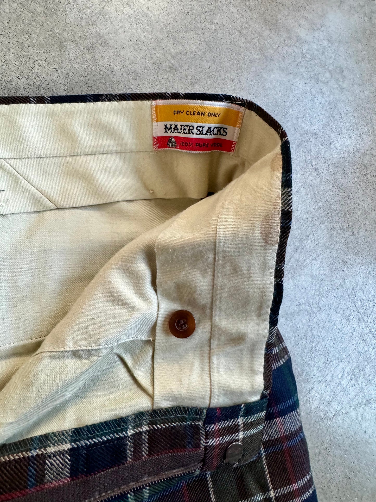 Vintage 1970s John Horan Dark Plaid Wool Trousers | Waist 34”