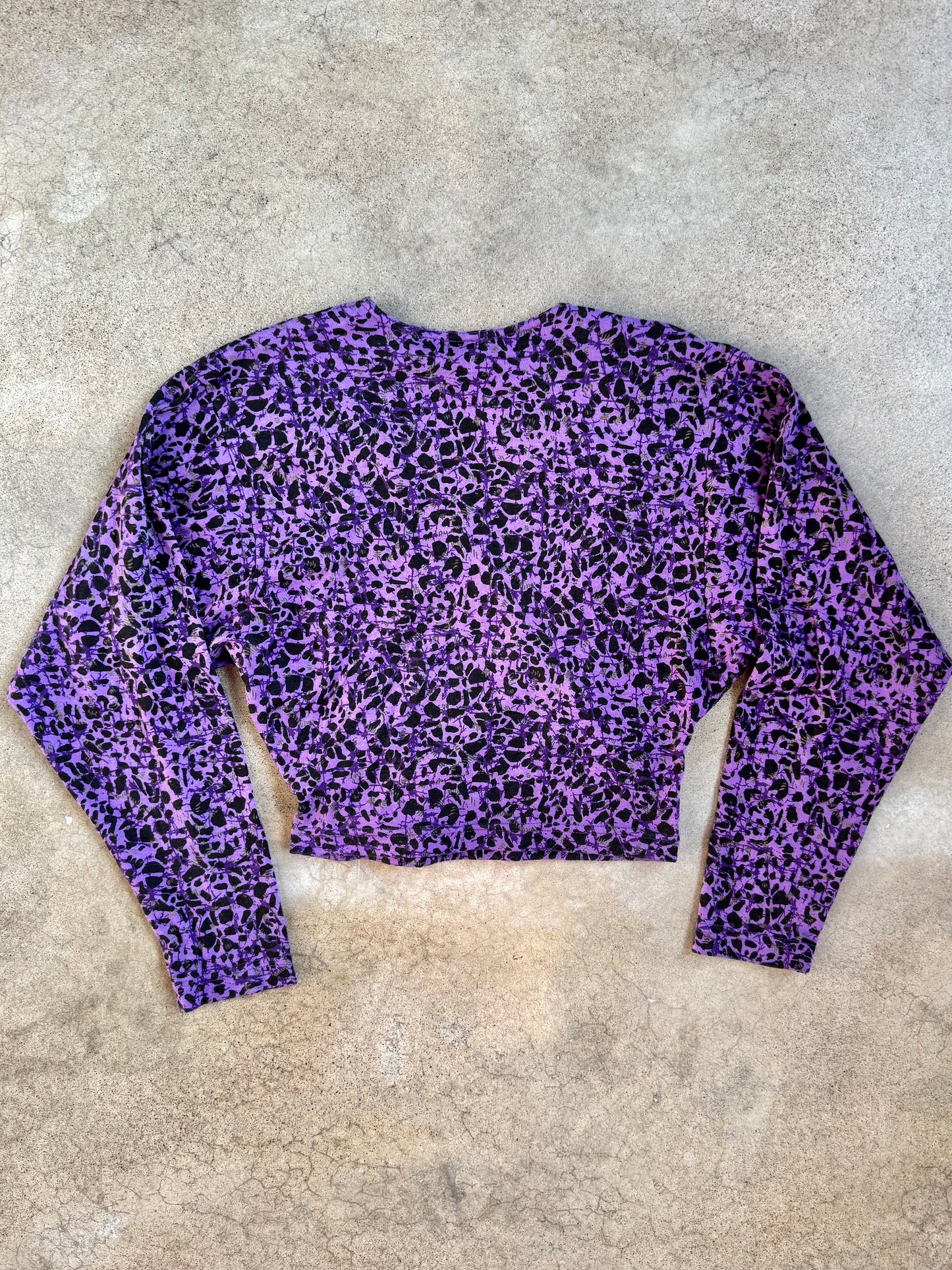 Vintage 1980s Necessary Objects Purple & Black Abstract Cropped Wrap Top | Small