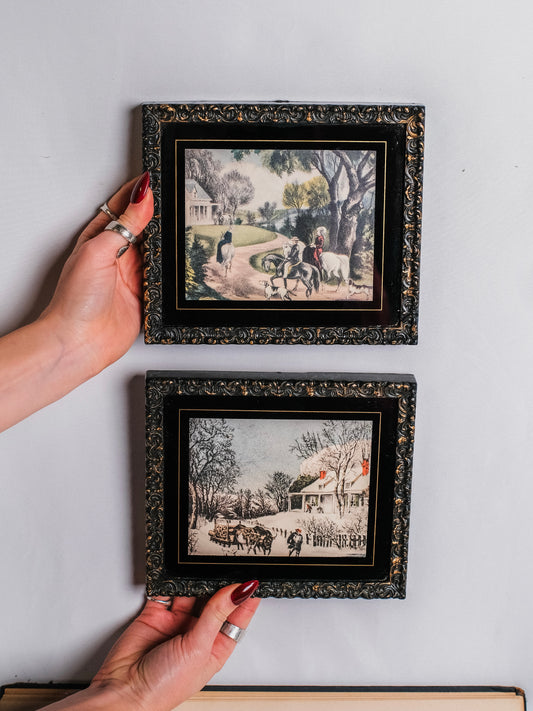 Vintage 1970s Currier & Ives Framed Print Wall Art | Set of 2
