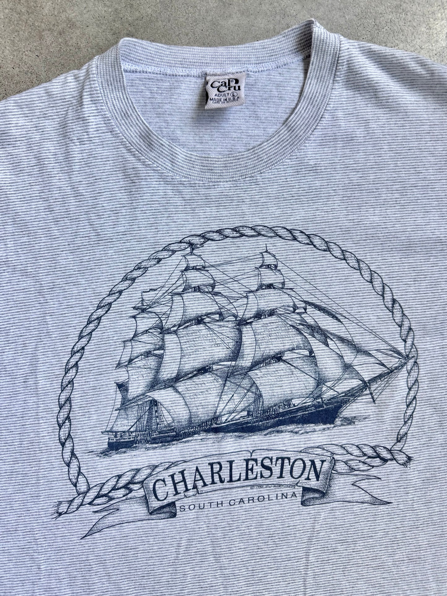 Vintage 1990 Cal Cru Striped Charleston Sailing Tee | Large