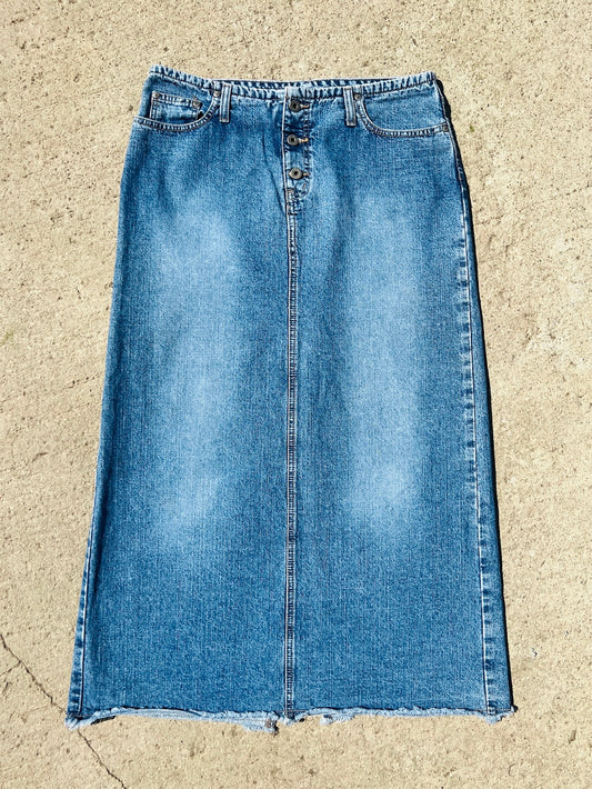 Vintage 90s/Y2K Hydraulic Low Rise Denim Maxi Skirt | Waist 33”