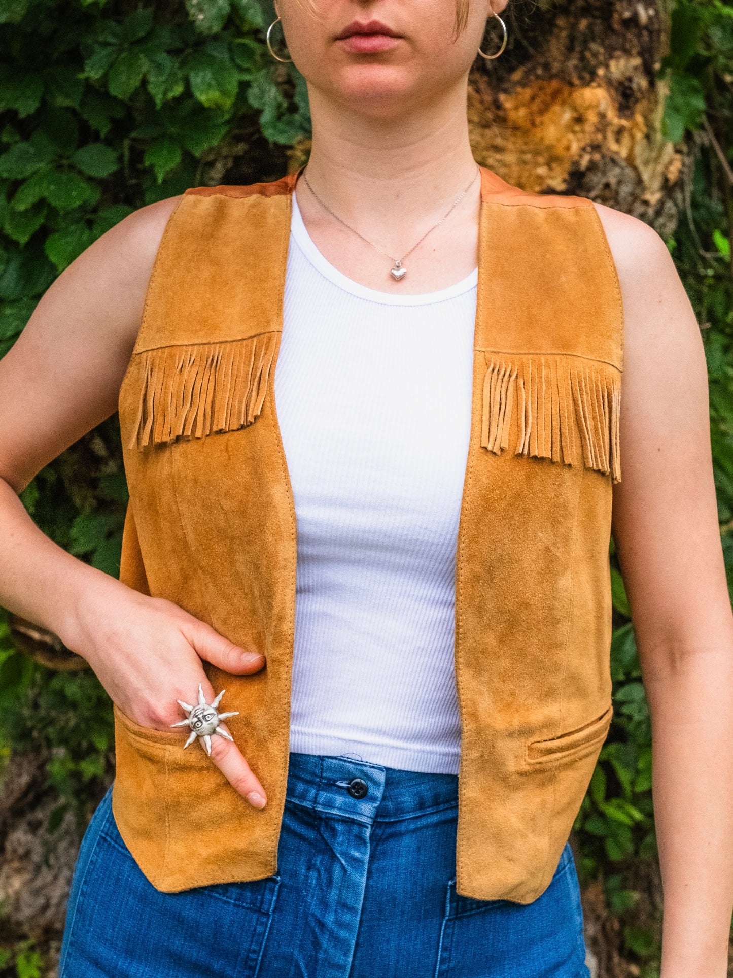 Vintage 1970s Tan Suede Leather Fringed Vest | Medium