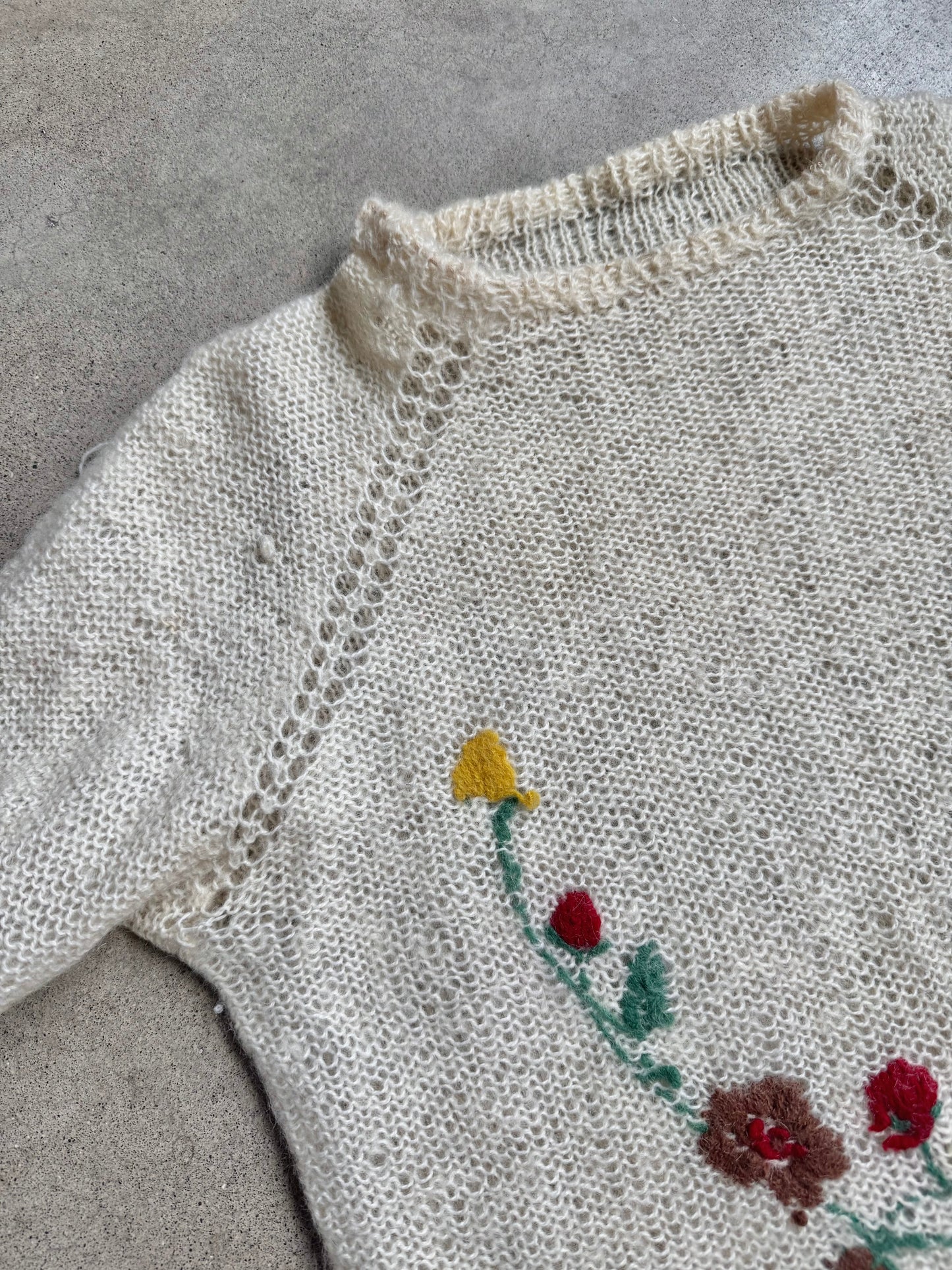 Vintage 1970s Hand-Knit Floral Embroidered Mohair-Blend Sweater | Large