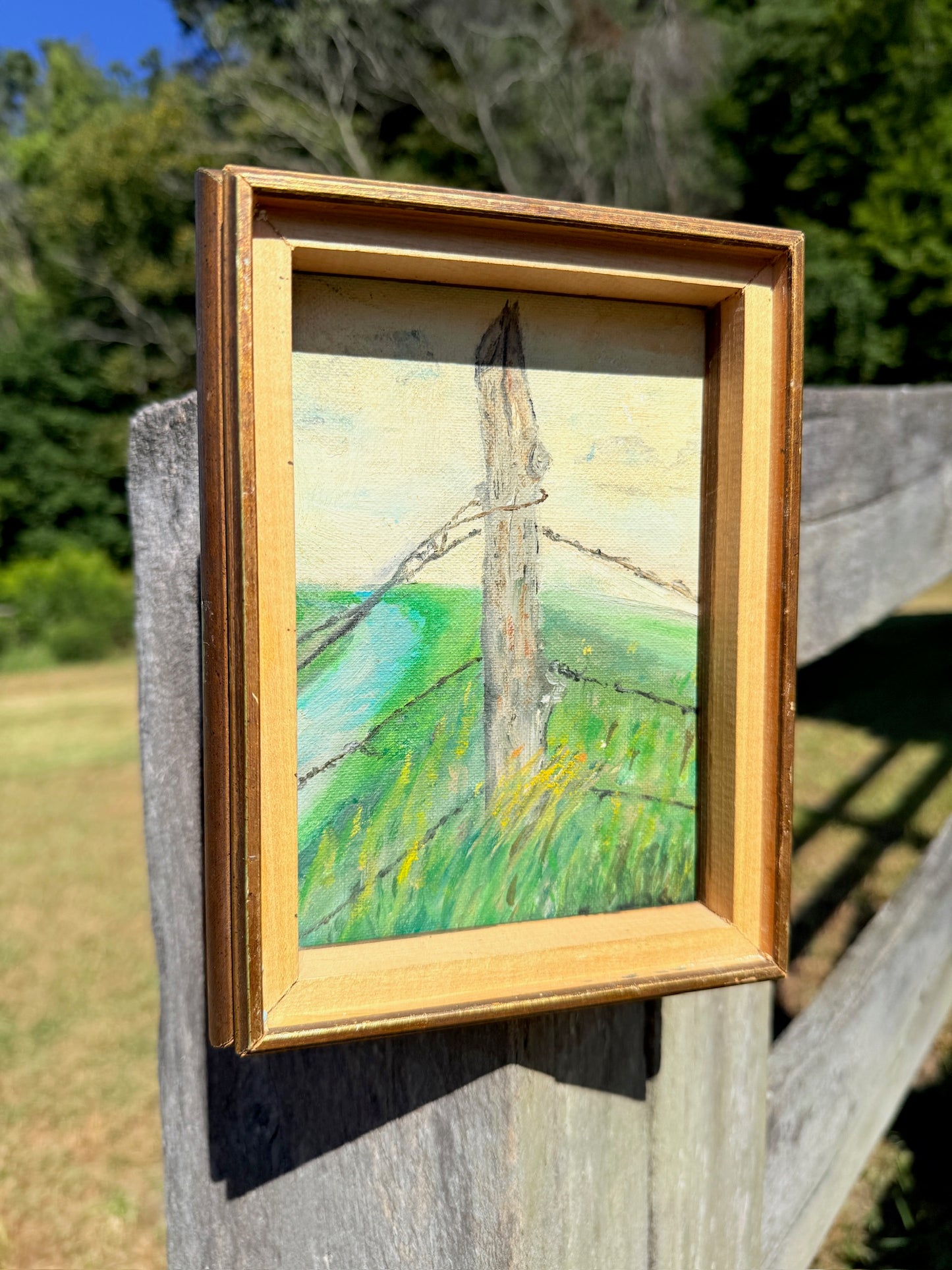 Vintage 1970s Signed & Framed Heart River North Dakota "Fence Pole" Landscape Oil on Canvas Painting