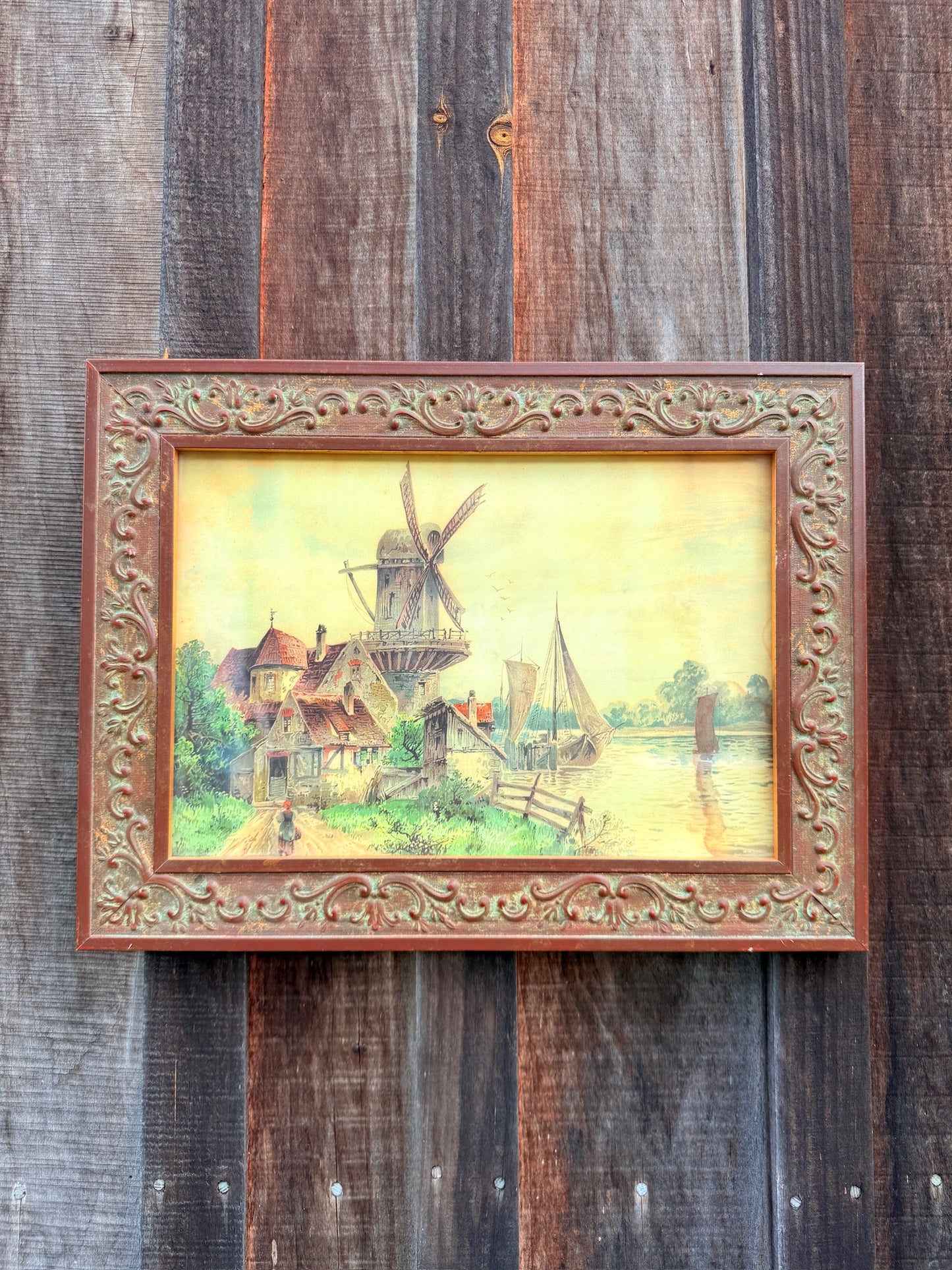 Vintage 1950s Framed Dutch Windmill Landscape Print Art