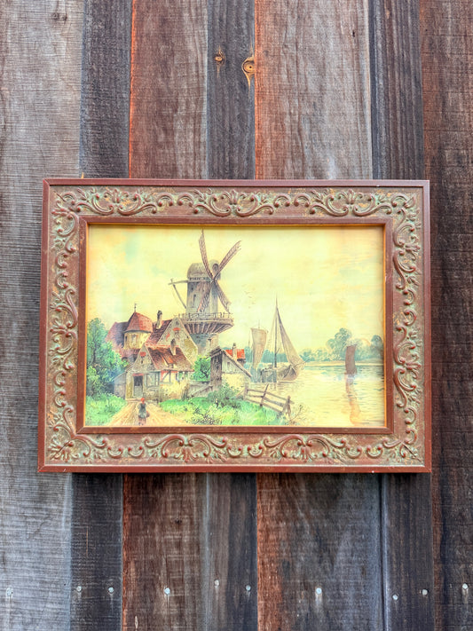 Vintage 1950s Framed Dutch Windmill Landscape Print Art