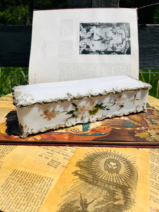Antique 1900s Ditherage Co. Victorian Milk Glass Filigree Hand-Painted Dresser Box