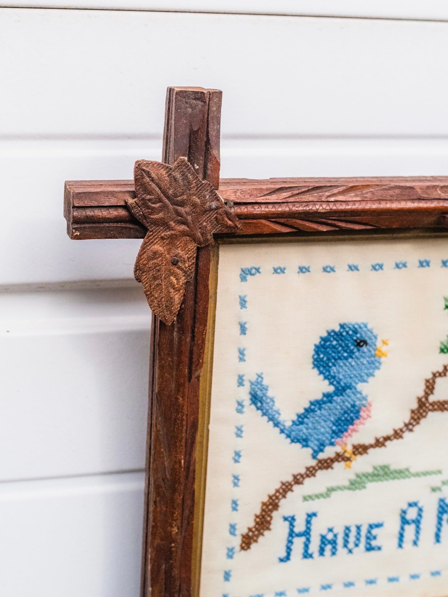 Vintage 1950s Oak Leaf Framed "Have a Nice Day" Blue Bird Cross Stitch Artwork