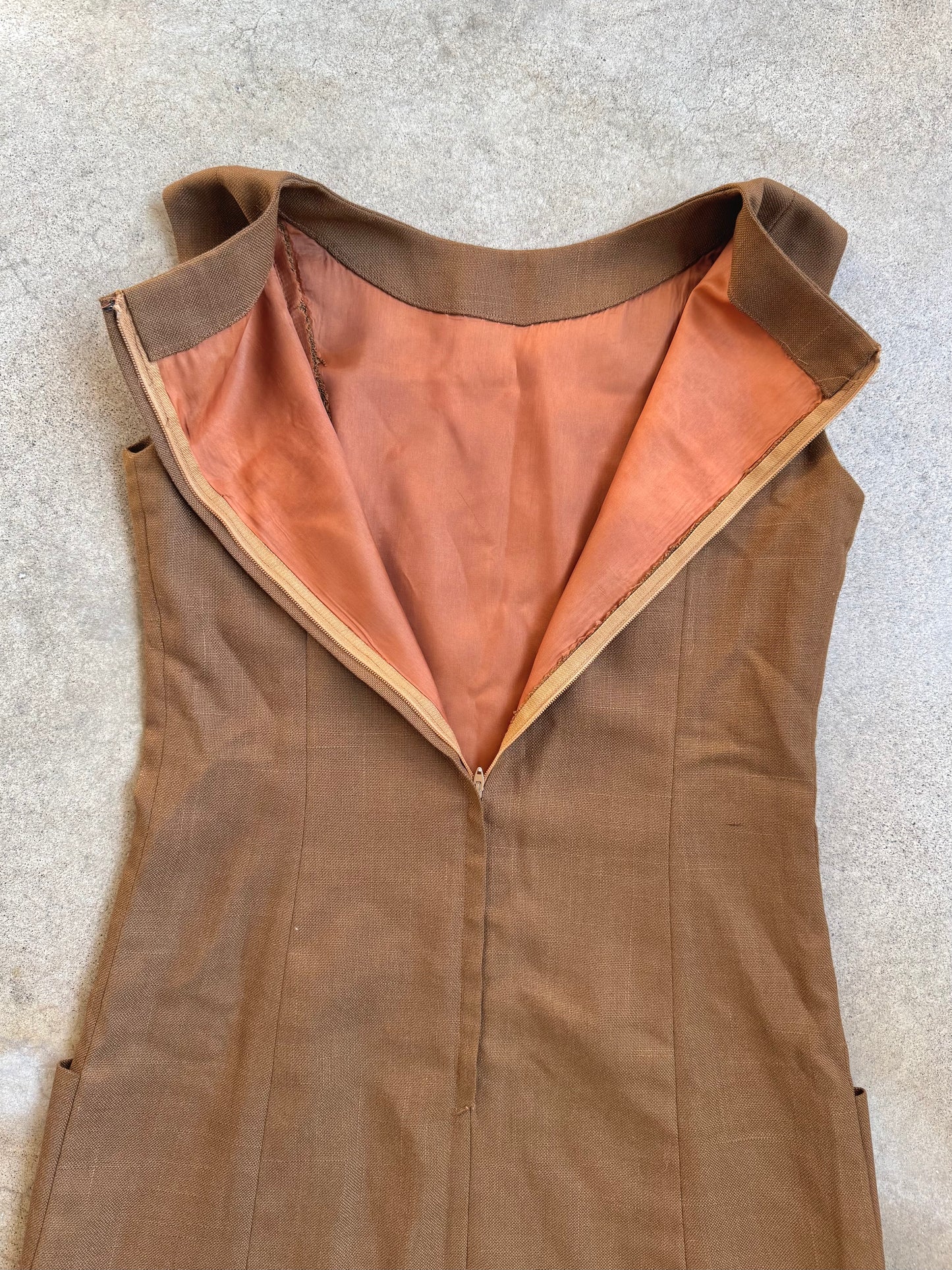Vintage 1960s Brown Wool Sleeveless Shift Dress | M/L