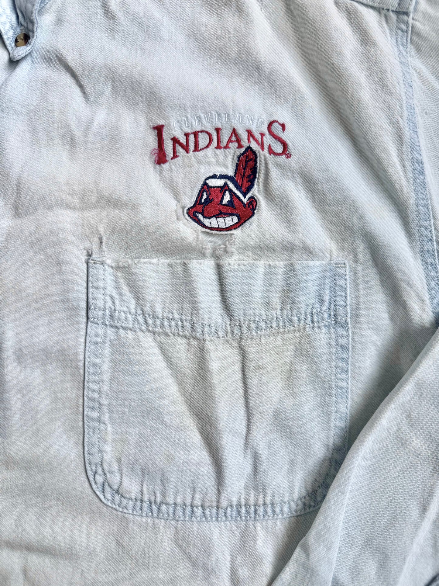 Vintage 1990s Cleveland Indians Worn Denim Button-Down Shirt | Large