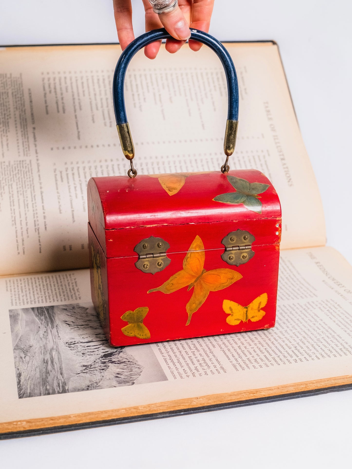 Vintage 1960s Handmade Butterfly Pattern Top Handle Wooden Purse