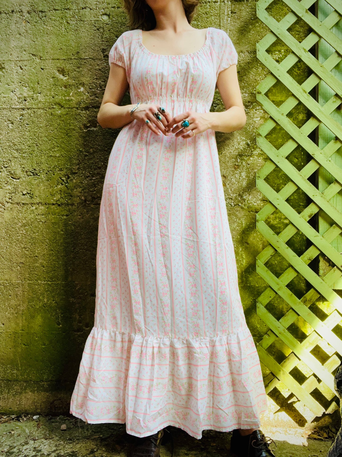 Vintage 1970s Handmade Pink & White Ditsy Floral Maxi Dress