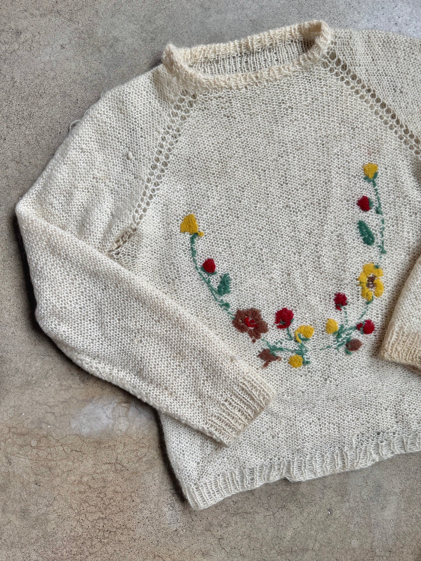 Vintage 1970s Hand-Knit Floral Embroidered Mohair-Blend Sweater | Large