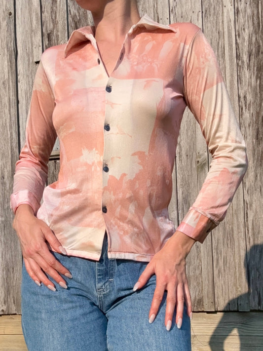 Vintage 1970s Pink Flamingo + Penguin Printed Disco Shirt | XS/S