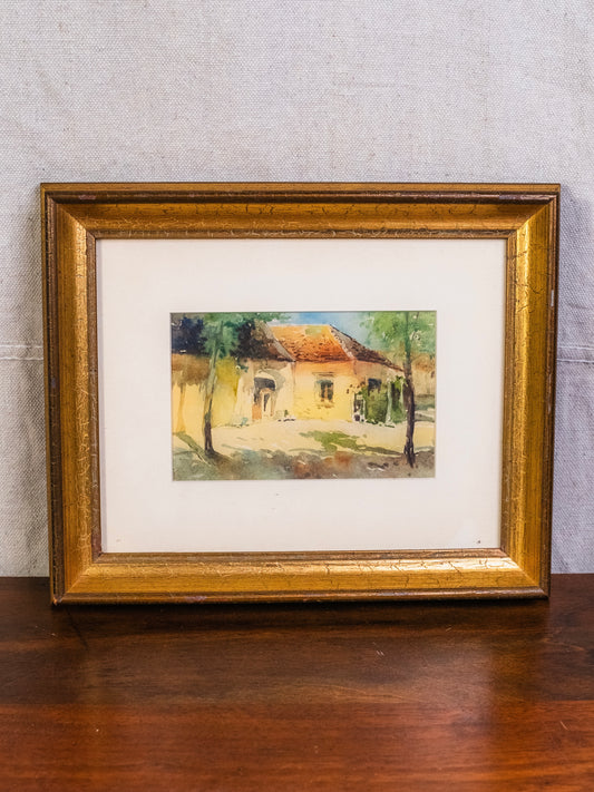 Vintage Framed Desert Cottage Landscape Watercolor Artwork
