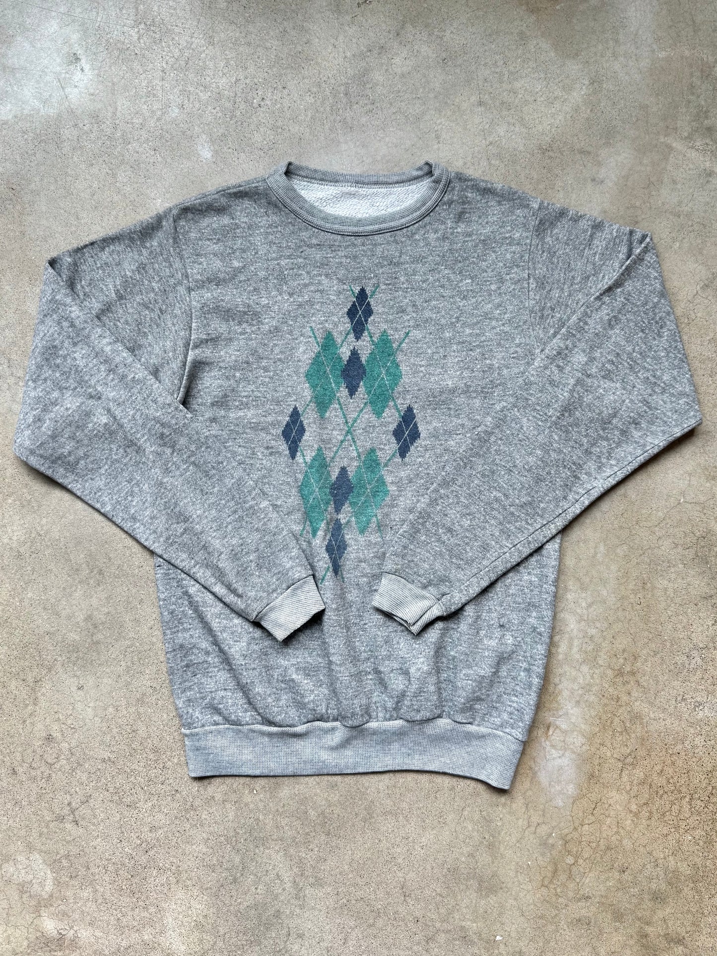 Vintage 1980s Argyle Print Grey Crewneck Sweatshirt | Small