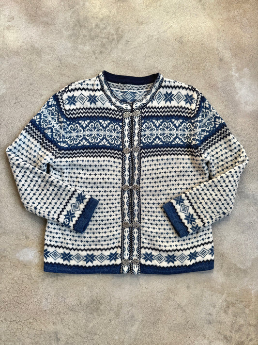 Vintage 1980s Nordic Blue & White Fair Isle Metal Clasp Wool Cardigan | M/L