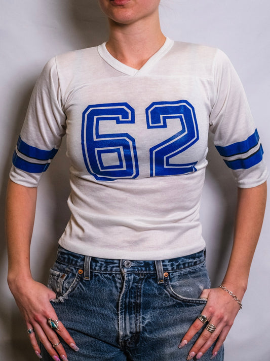 Vintage 1980s Campus White & Blue #62 Athletic Football Tee | Youth L