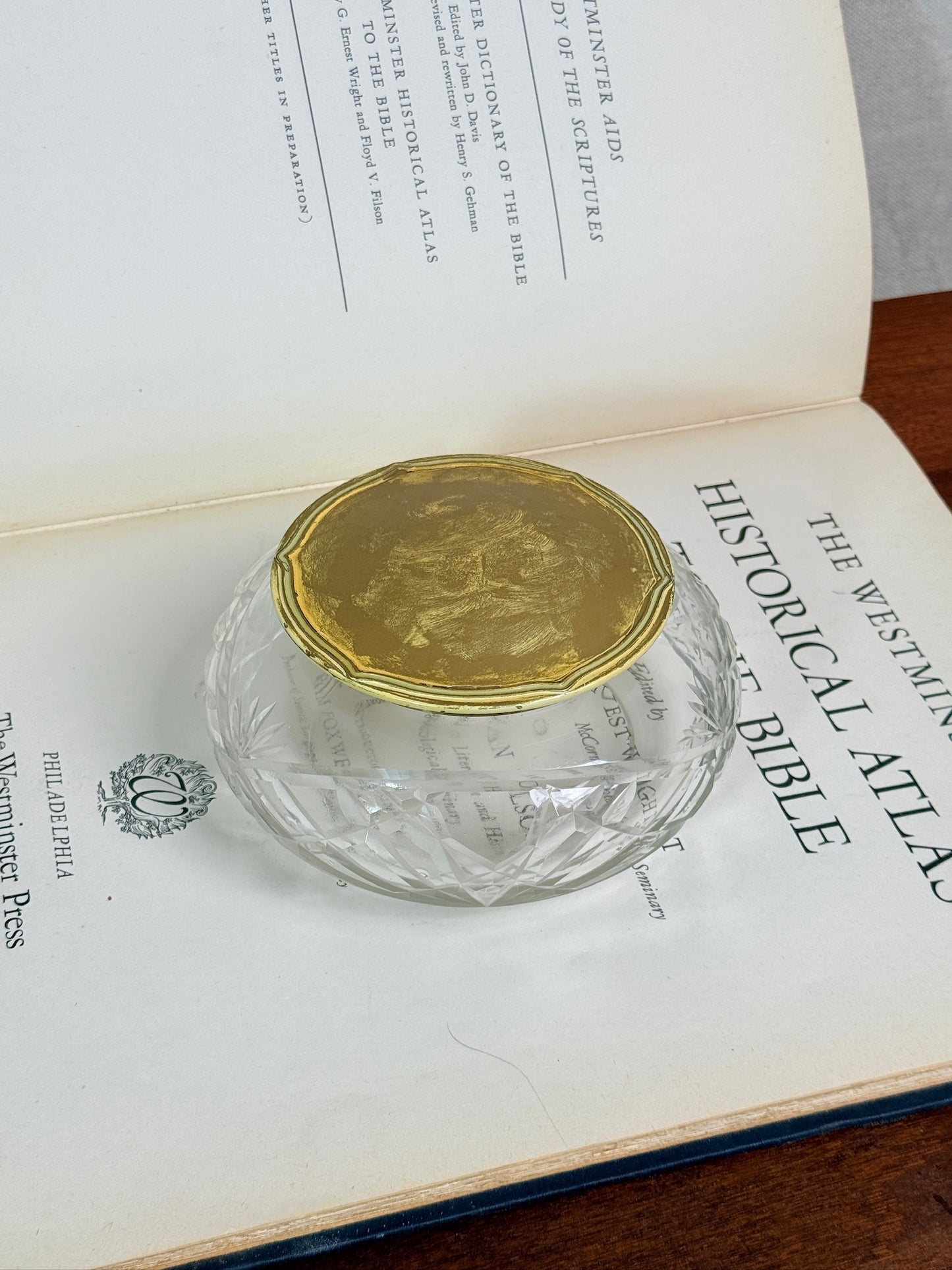 Antique 1920s Cut Crystal & Brass Lid Vanity Jar