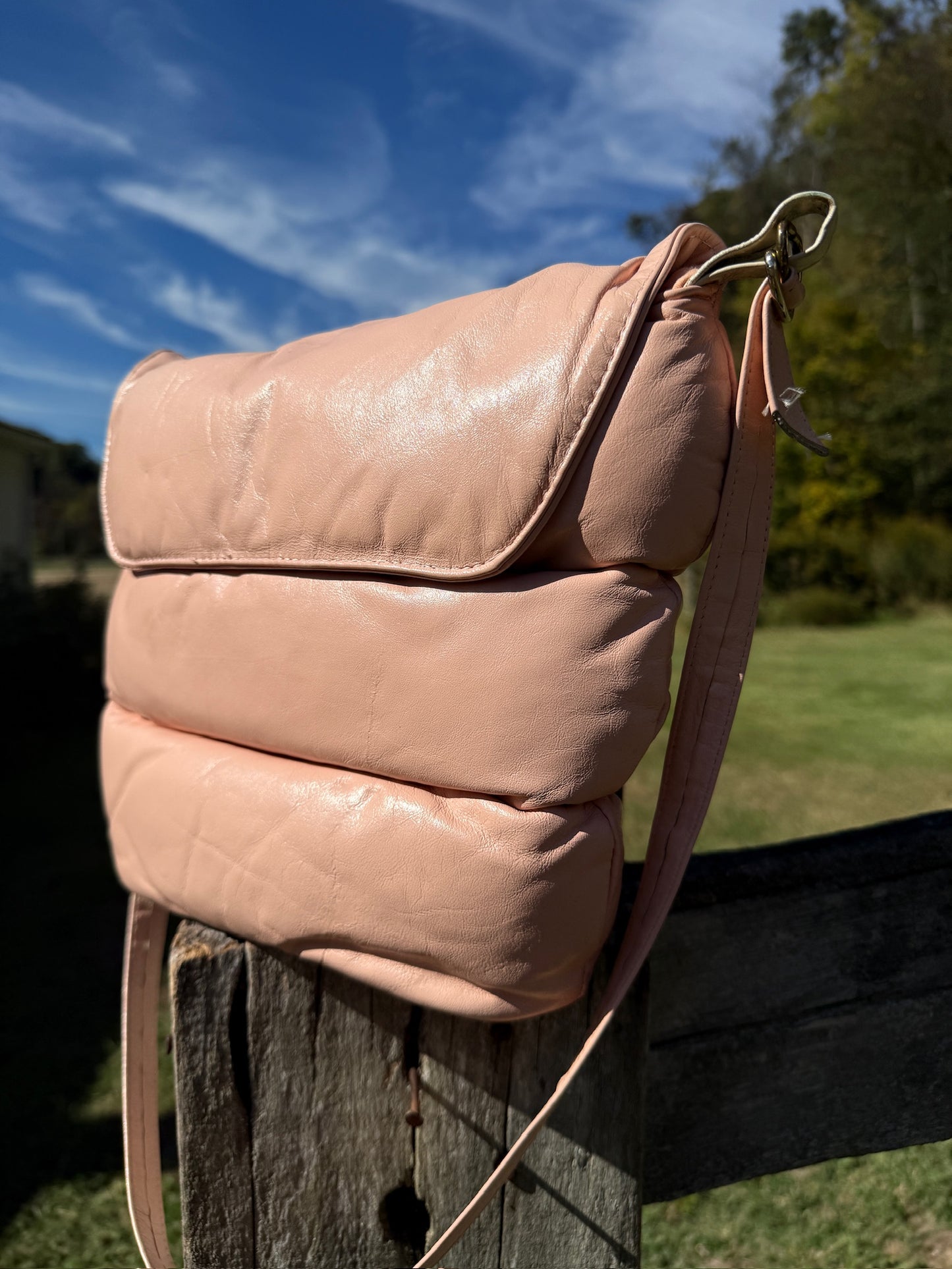 Vintage 1980s Karen NY Pink Quilted Puffer Crossbody Bag