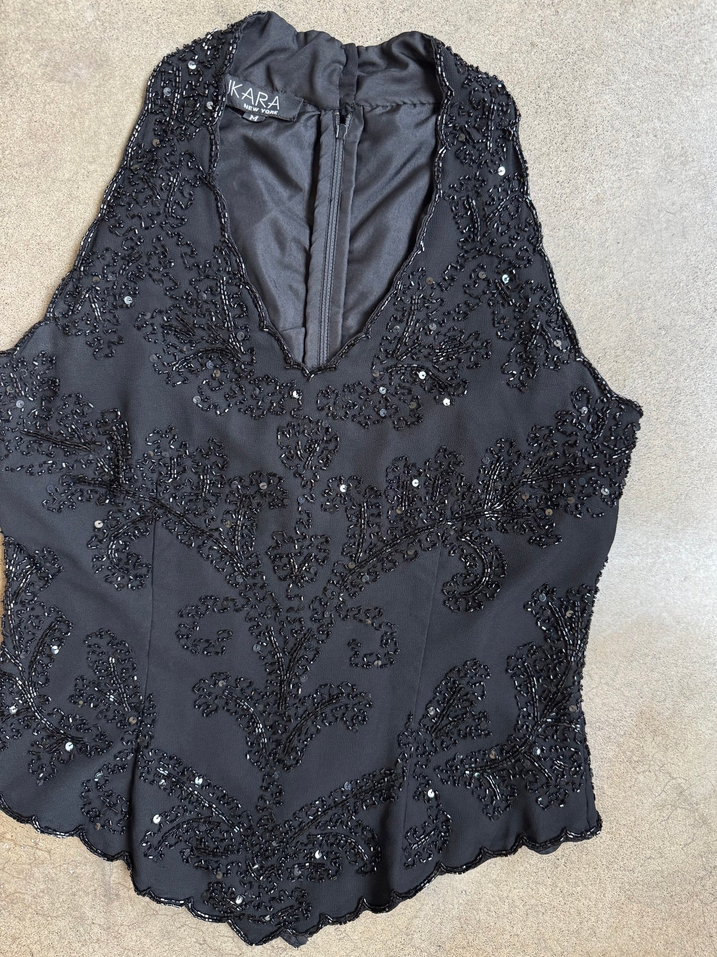Vintage 1990s J Kara New York Black Beaded V-Neck Scalloped Sleeveless Top | Medium