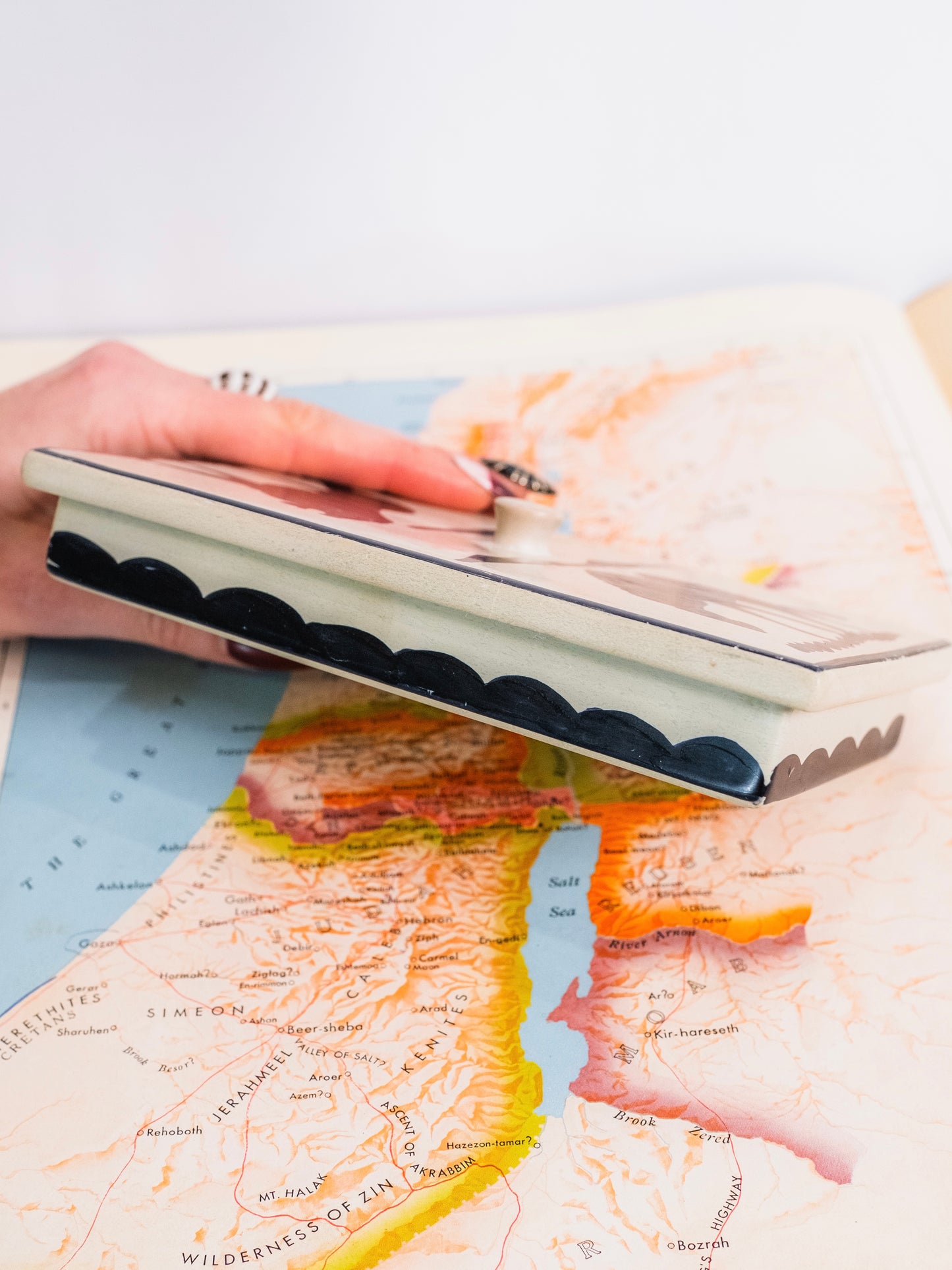 Vintage Hand-Painted "Lion & Prey" Stone Card Holder Box