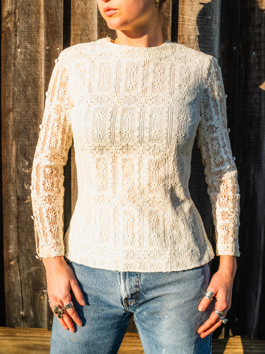 Vintage 1960s Chessa Davis Cream Floral Crochet Lace Blouse | Small