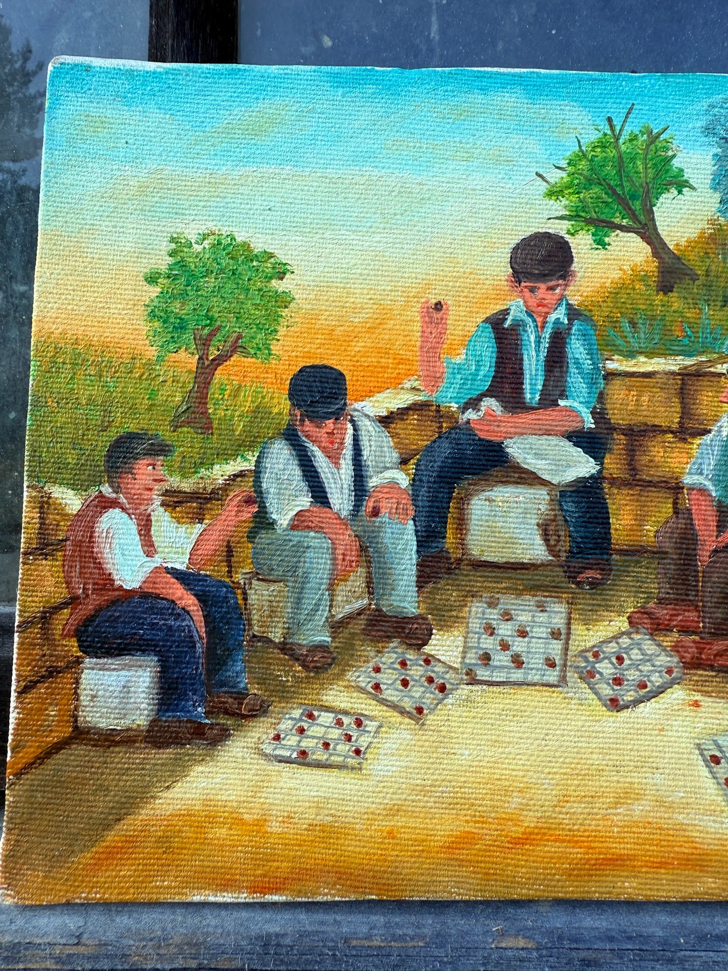Vintage Signed Turi Morello Sicilian "Boys Playing Checkers" Oil on Canvas Painting