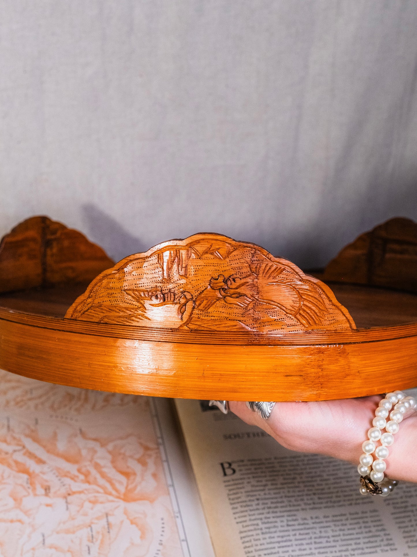 Vintage 1940s Round Chinese Wood-Carved Tray