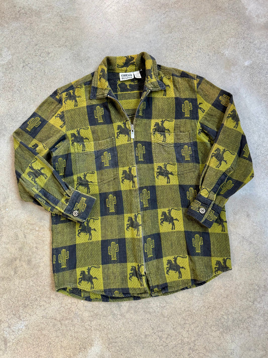 Vintage 1990s Chicos Western Cowboy Print Cotton Zip-Up Shirt Jacket | Medium