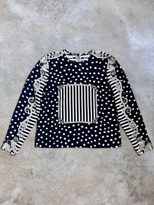 Vintage 1980s Polka Dot Rope Print 100% Silk Blouse | S/M