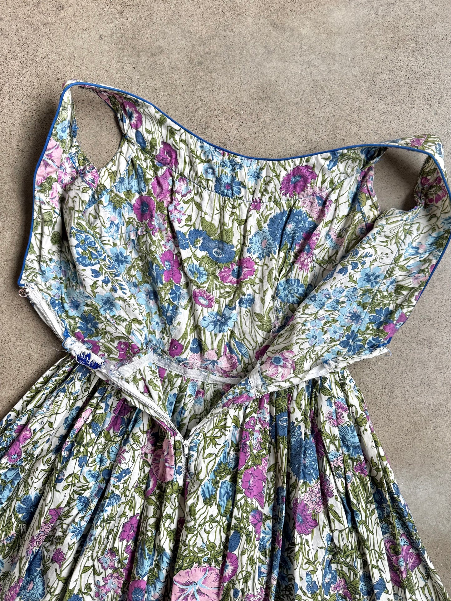 Vintage 1950s Jerry Gilden New York Blue & Purple Floral Pleated Summer Dress | XS