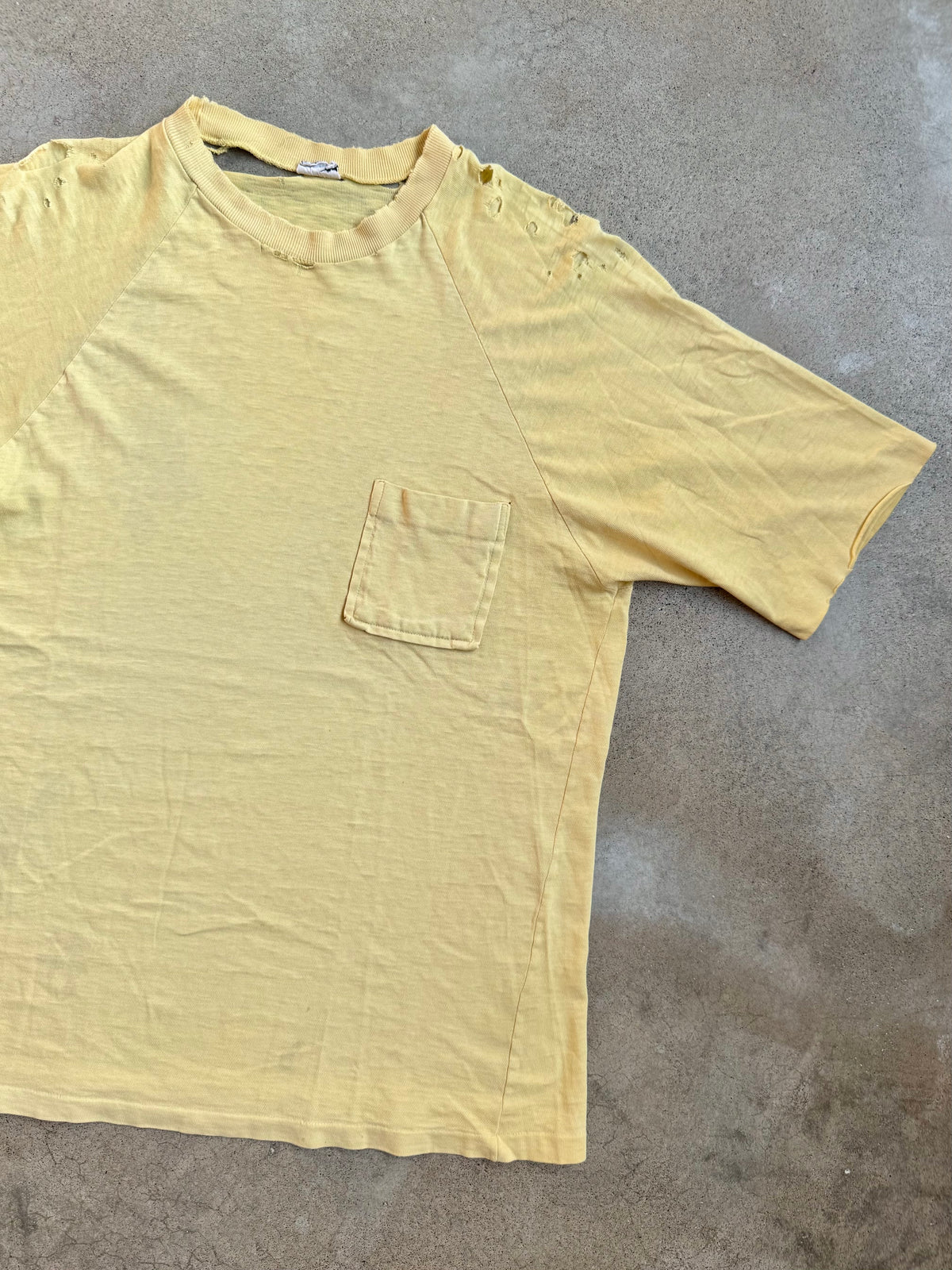 Vintage 1960s Monogram Collection Yellow Distressed Cotton Pocket Tee | Large