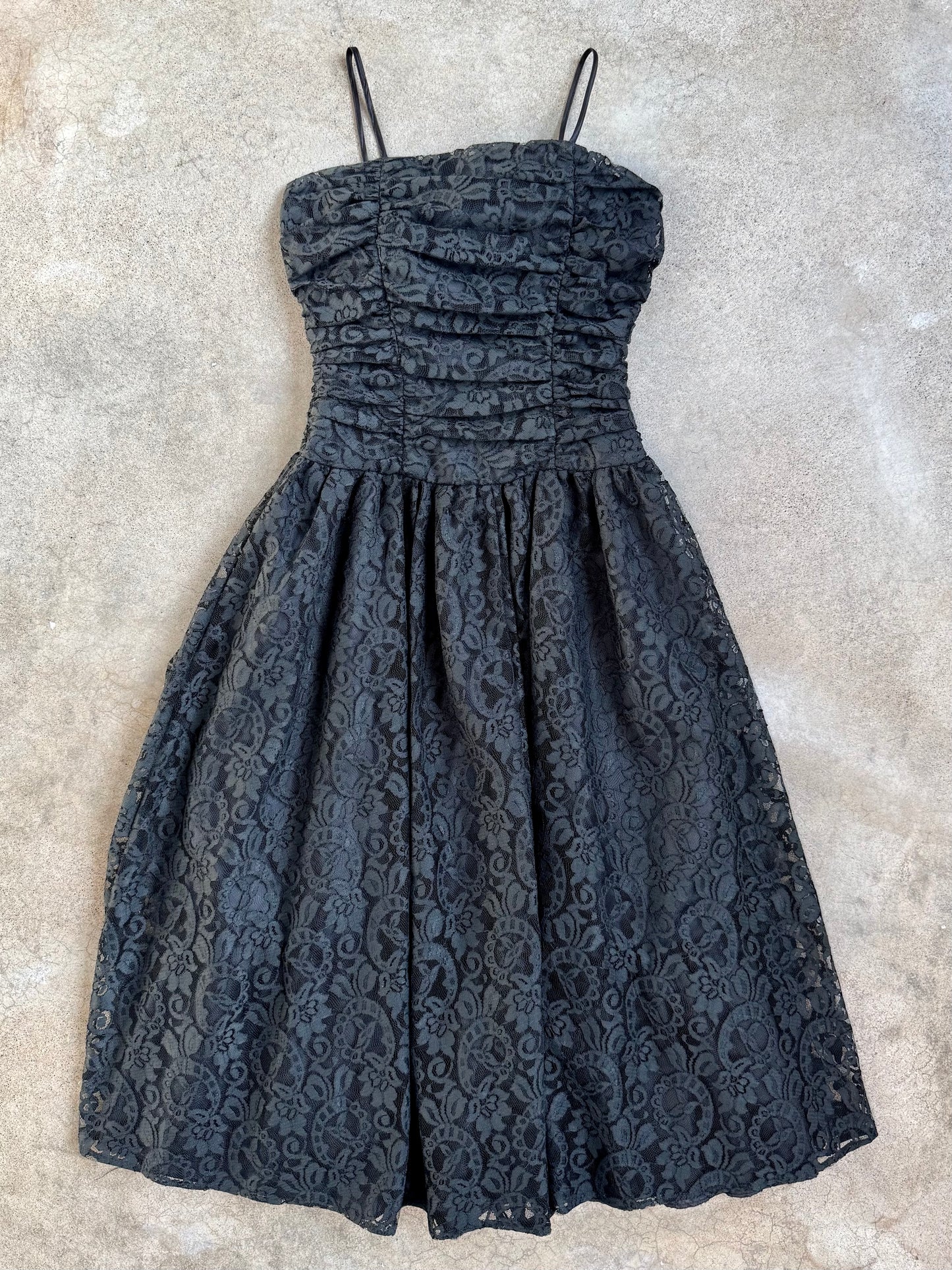 Vintage 1980s Black Floral Lace Tea-Length Formal Dress | XS