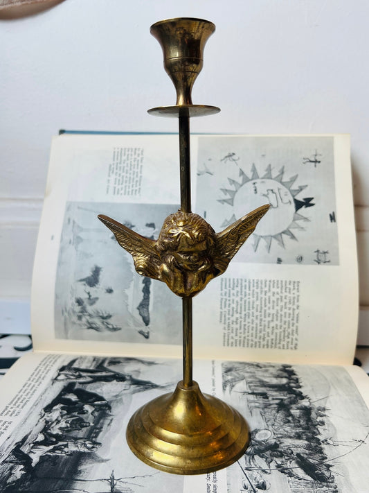 Vintage 1960s Solid Brass Cherub Candlestick Holder