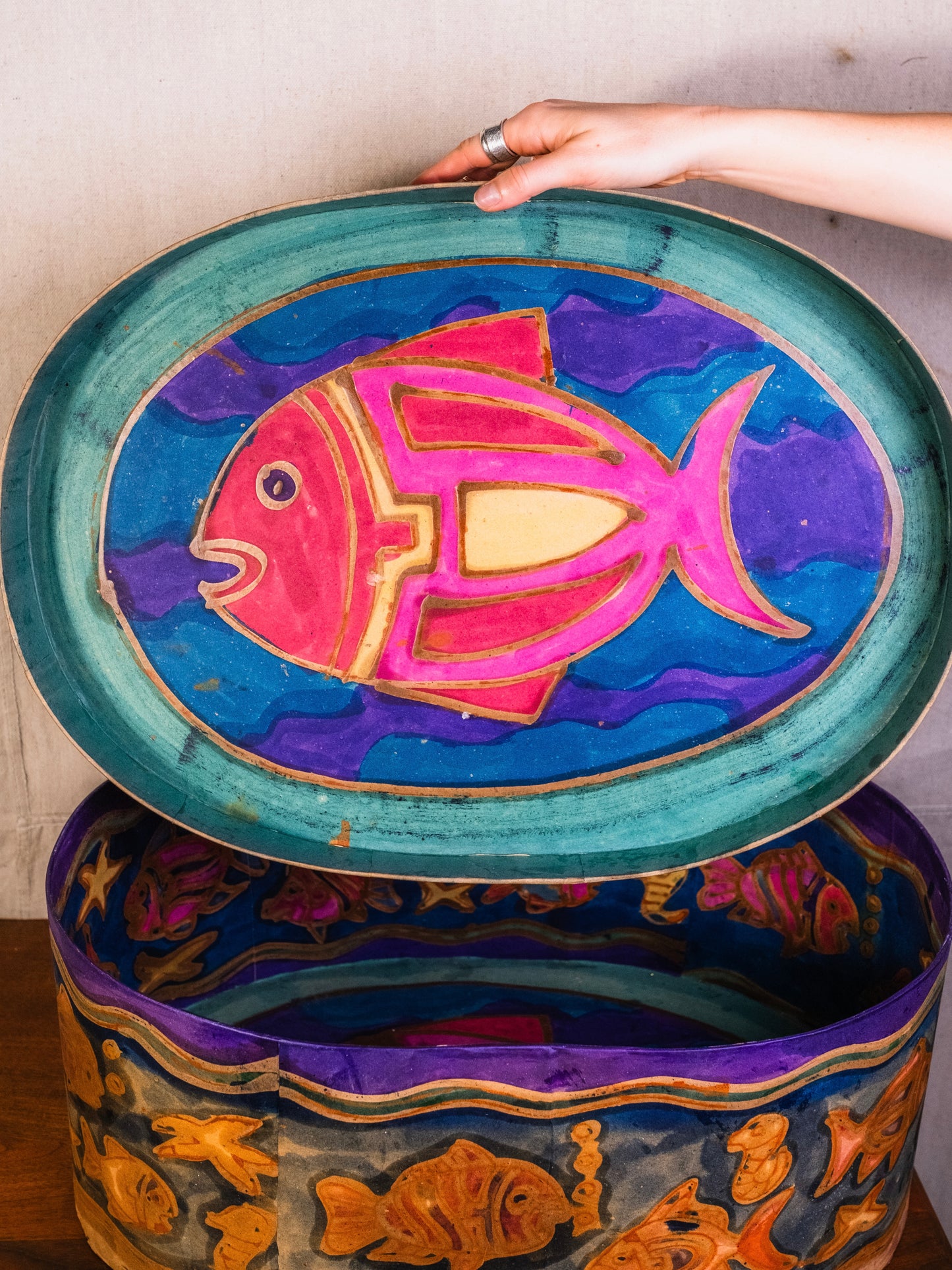 Vintage Folk Art Fish Hand-Painted Large Oval Box