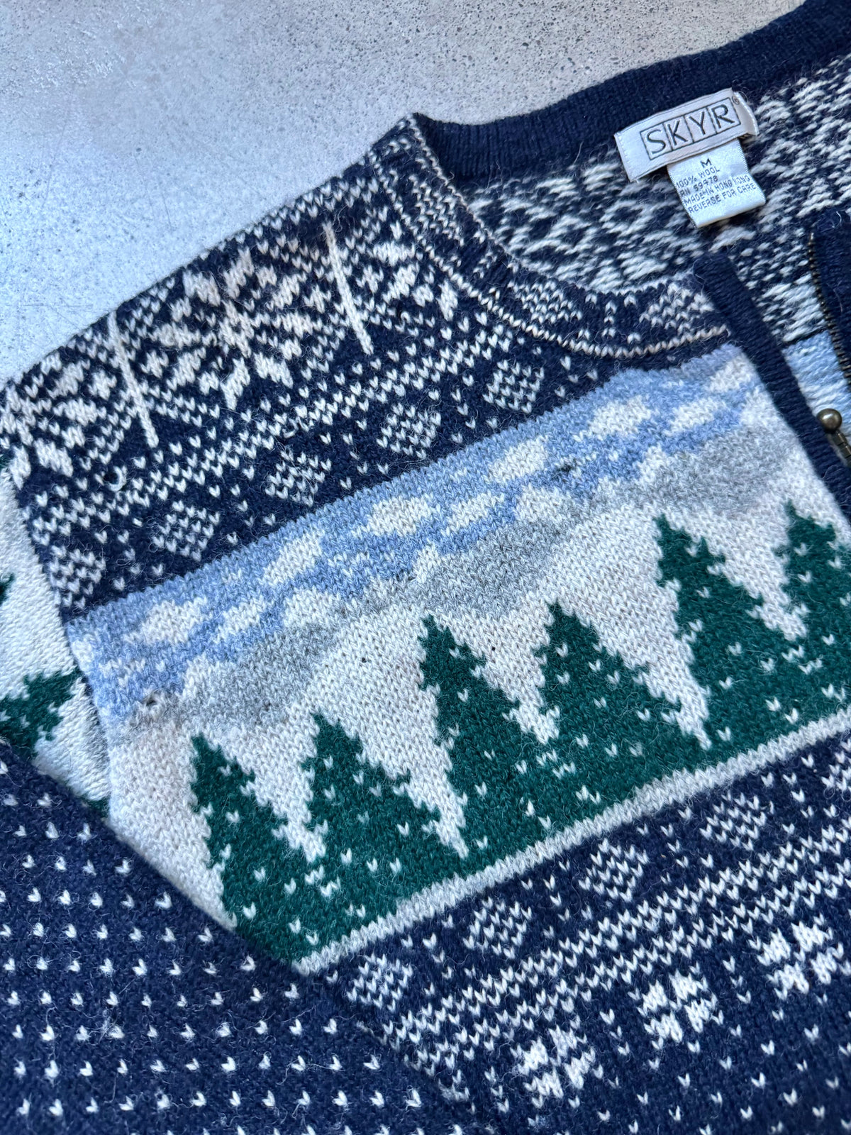 Vintage 1990s SKYR Winter Pine Tree Pattern Wool Knit Quarter-Zip Sweater | Medium