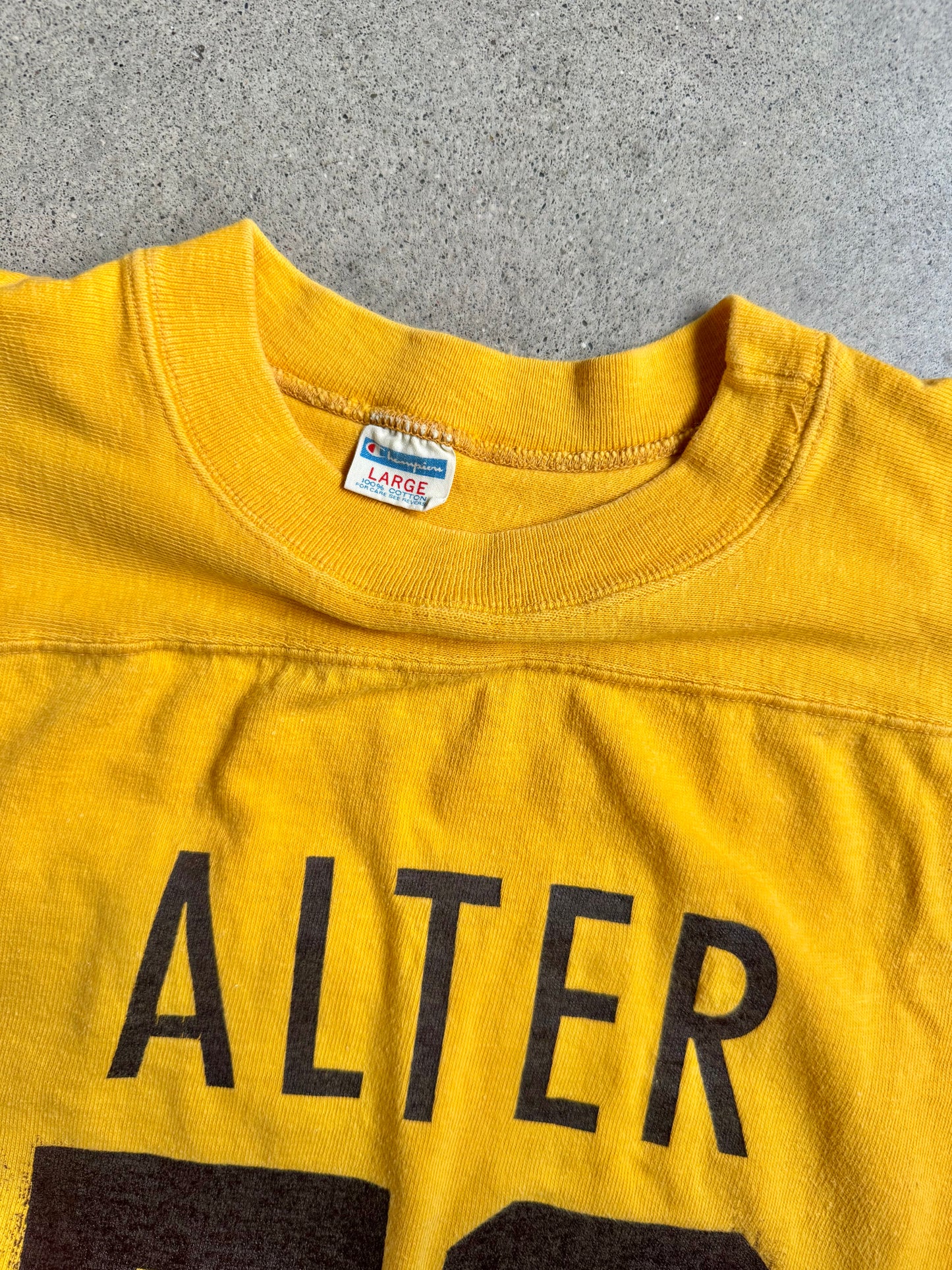 Vintage Champion “Alter 76” Yellow Cotton Athletic Football Tee | Large