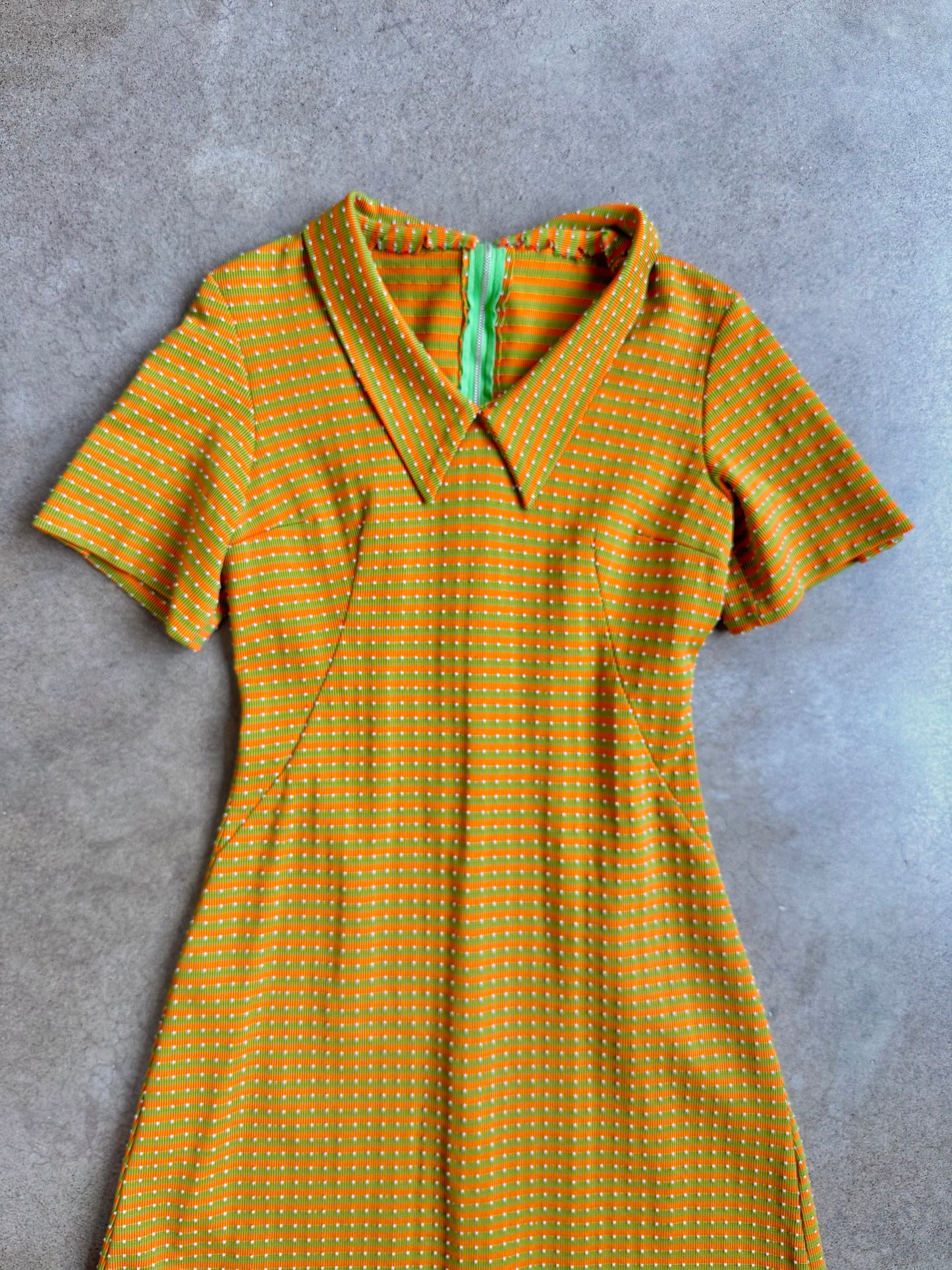 Vintage 1960s Handmade Orange & Green Striped Collared Midi Dress | Small