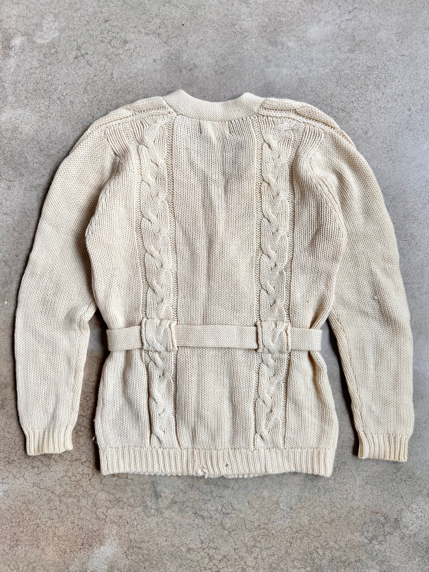 Vintage 1960s Sears 100% Wool Cream Cable Knit Belted Cardigan | Medium
