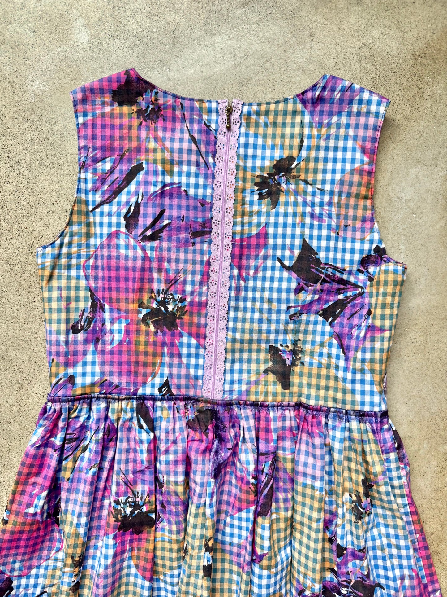 Vintage Handmade Floral Gingham Print Sleeveless Pleated Dress | S/M