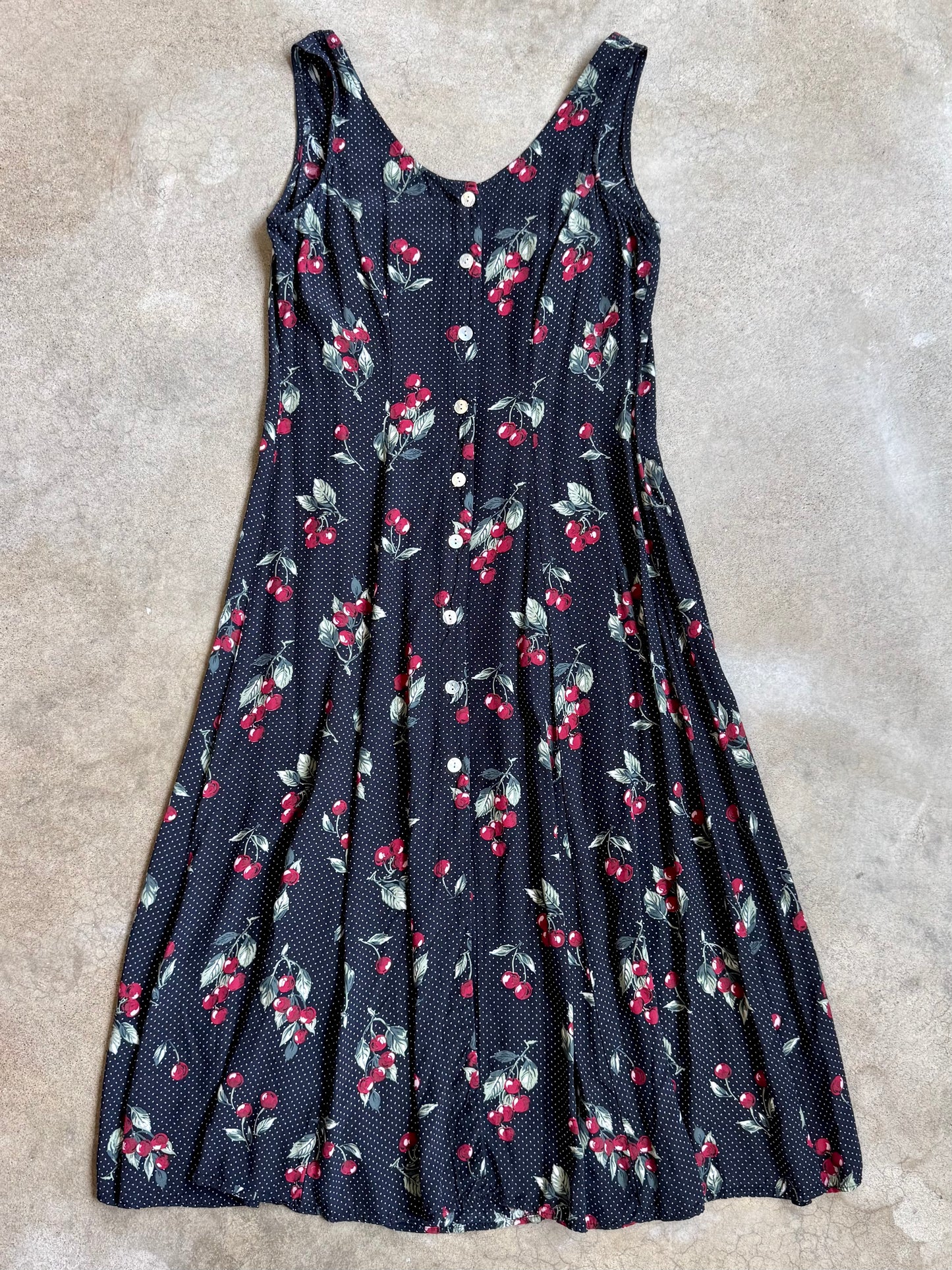 Vintage 1990s Express Cherry Polka Dot Button-Front Maxi Dress | Large