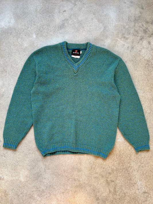 Vintage 1960s Seattle Knitting Mills Blue & Green Marled Wool V-Neck Sweater | Large