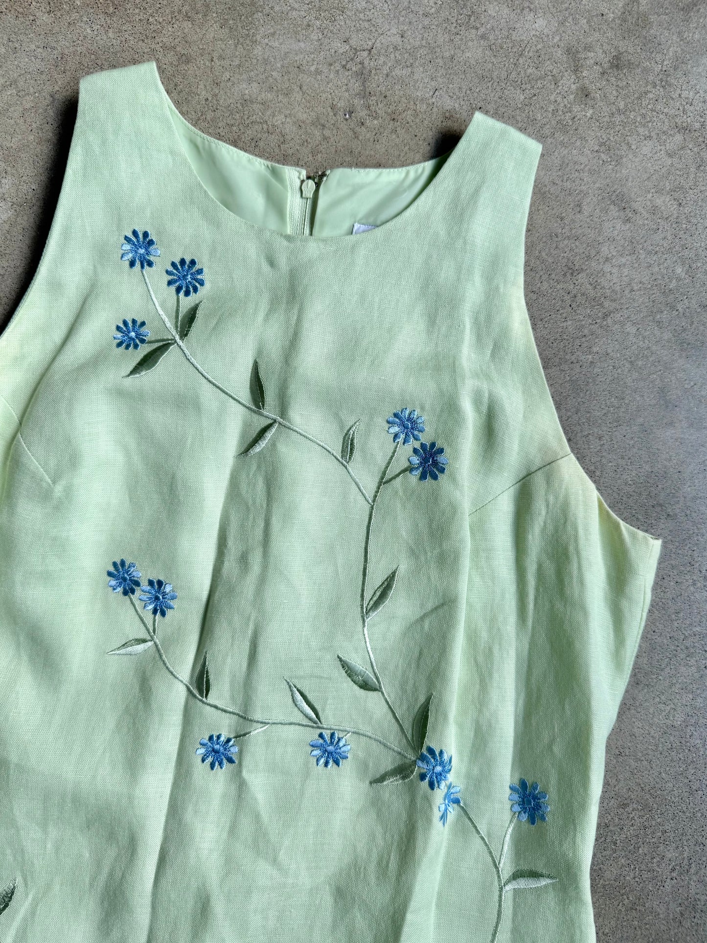 Vintage Plaza South Green & Blue Floral Embroidered Linen-Blend Maxi Dress | Small