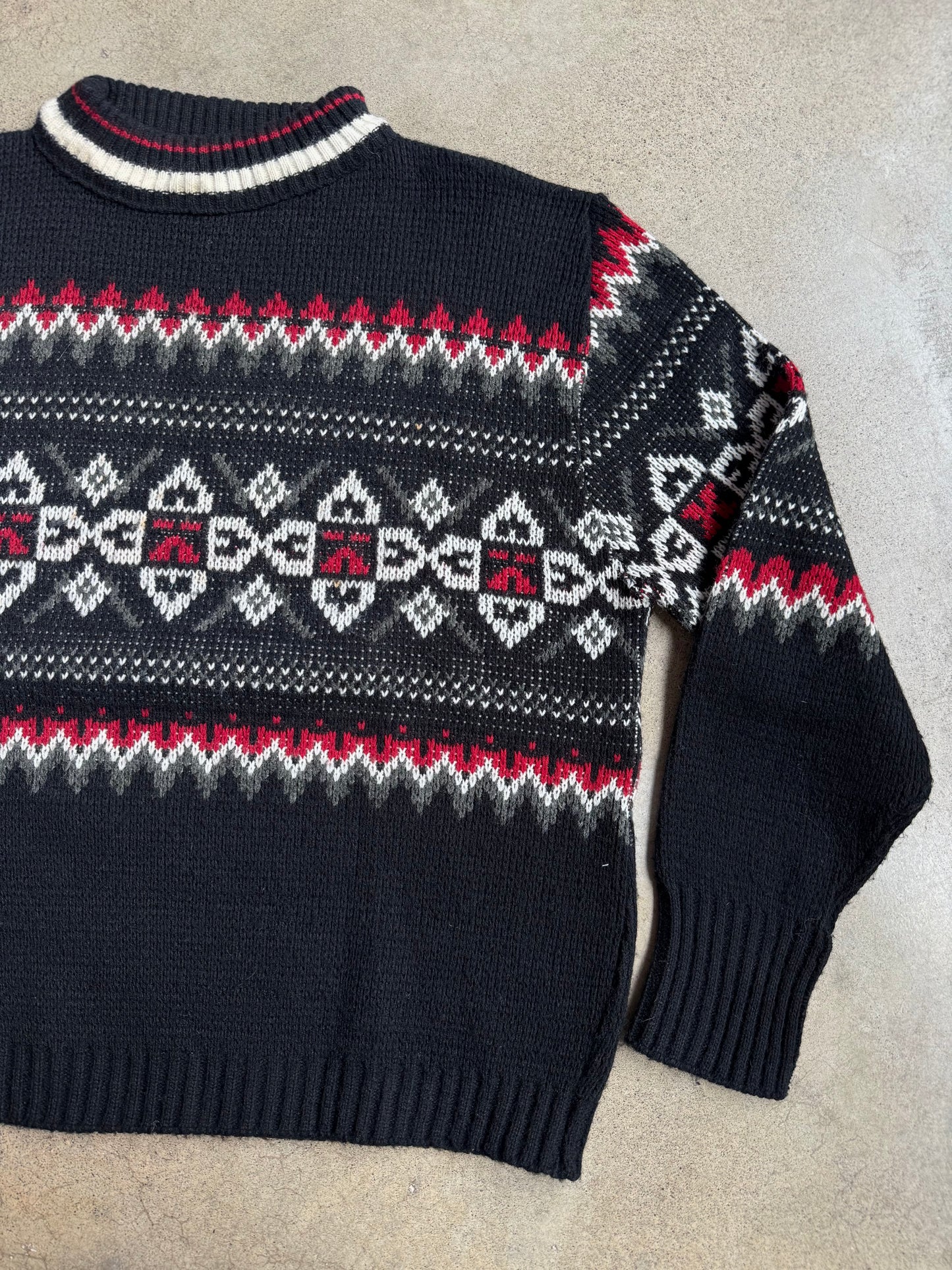 Vintage 1970s Black Fair Isle Mock Neck Sweater | Medium