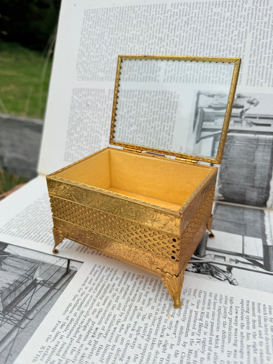 Vintage 1960s Glass Top Gold Filigree Velvet Lined Trinket Box
