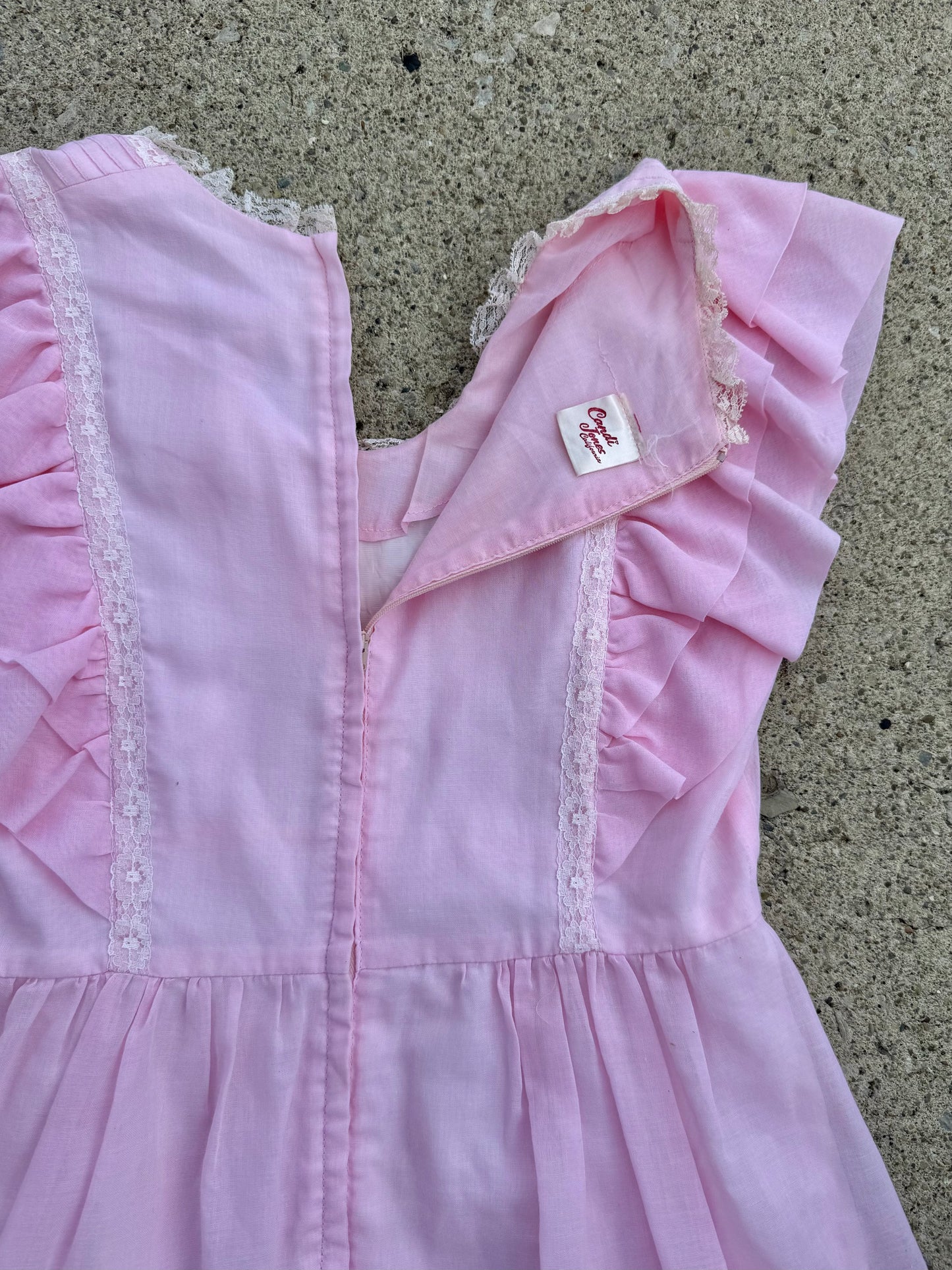 Vintage 1970s Candi Jones California Baby Pink Lace Frilled Babydoll Dress | Medium