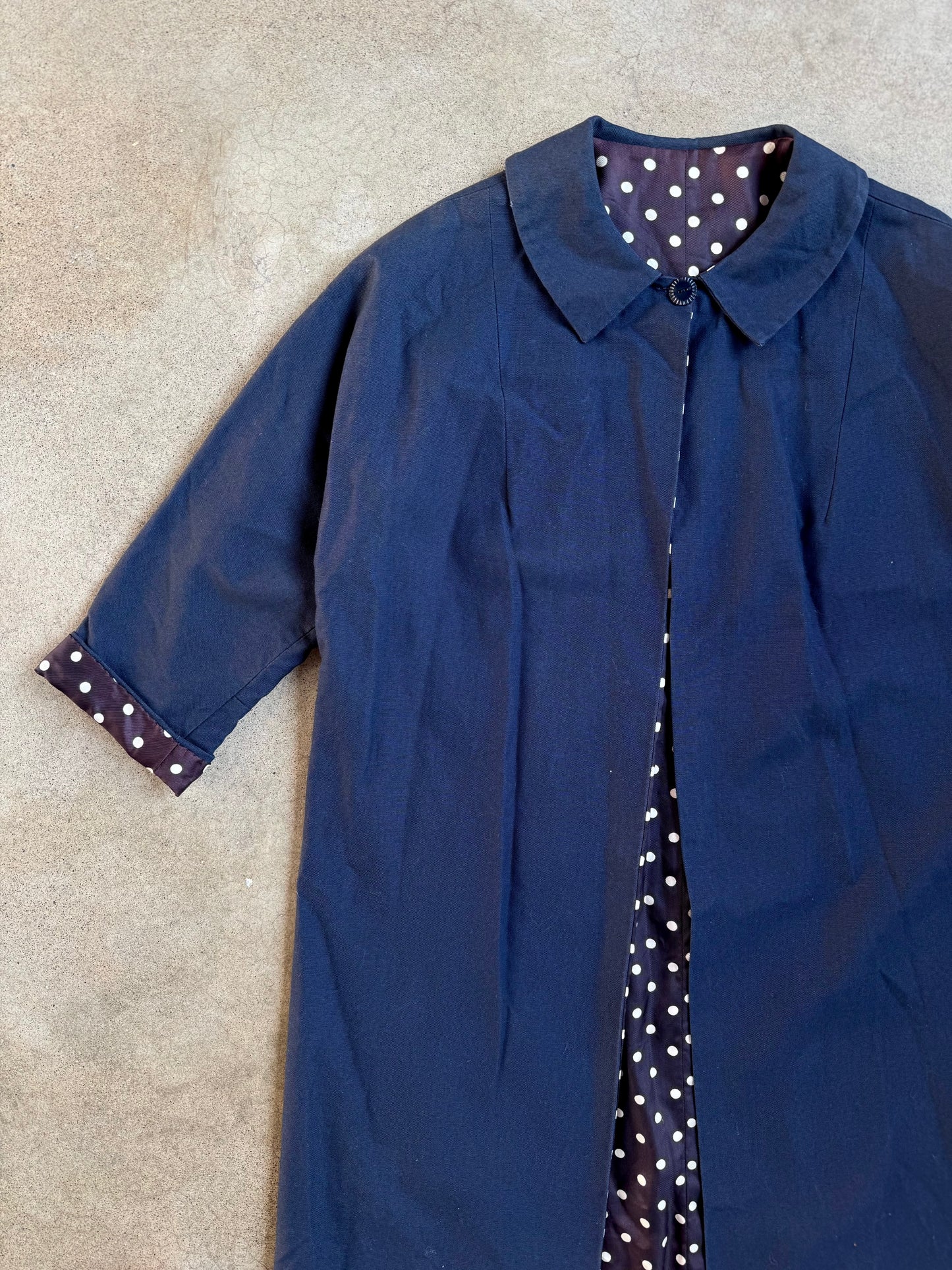 Vintage 1950s Handmade Navy Blue Polka Dot Lined Swing Coat | Small