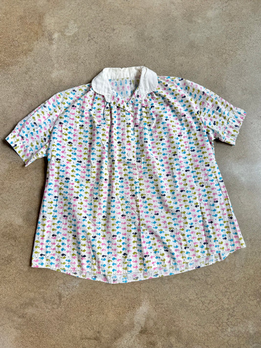 Vintage 1960s Multi-Color Abstract Print Short Sleeve Blouse | XL