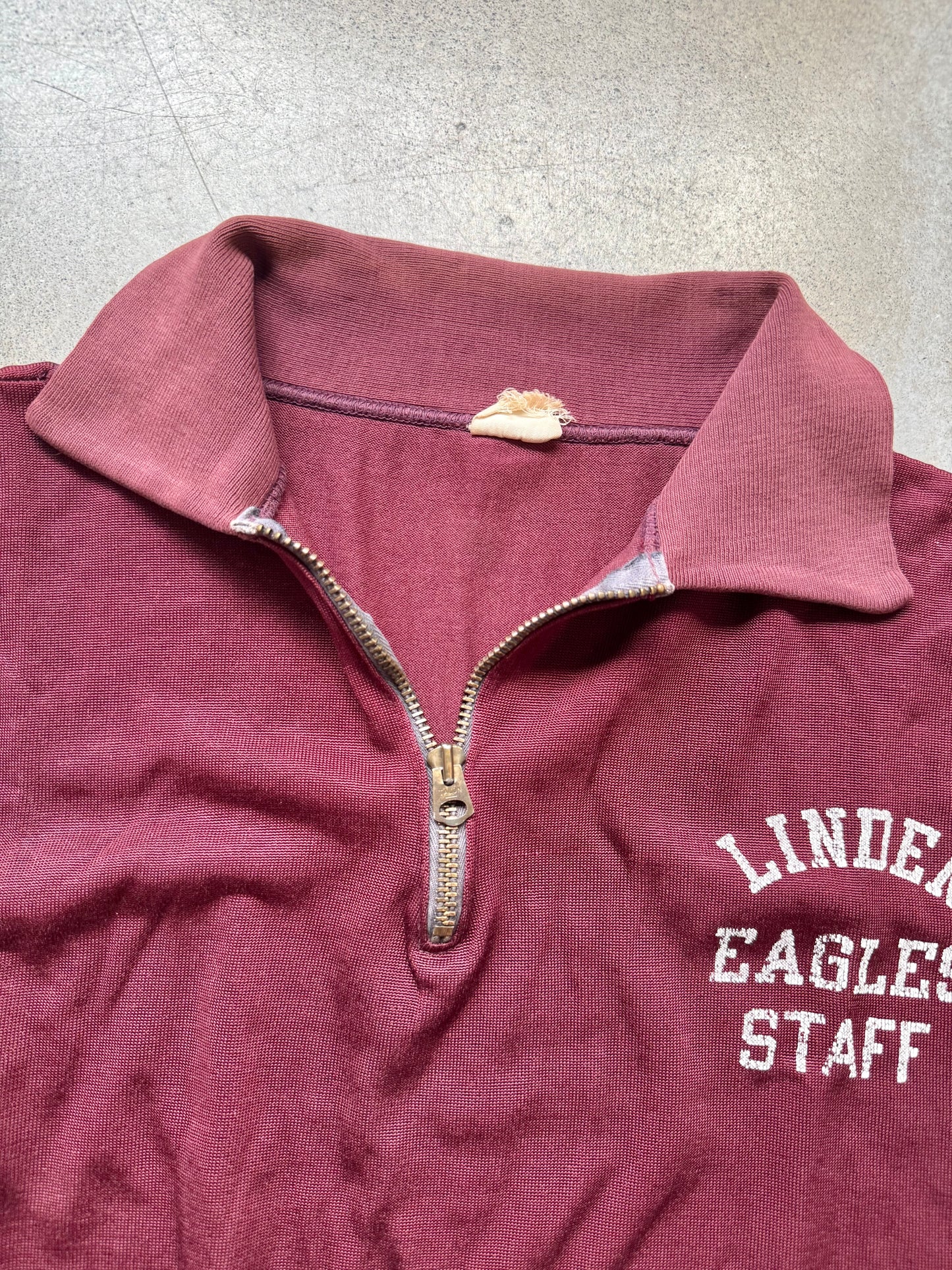 Vintage 1960s Champion Burgundy “Linden Eagles Staff” Quarter-Zip Polo Shirt | Large